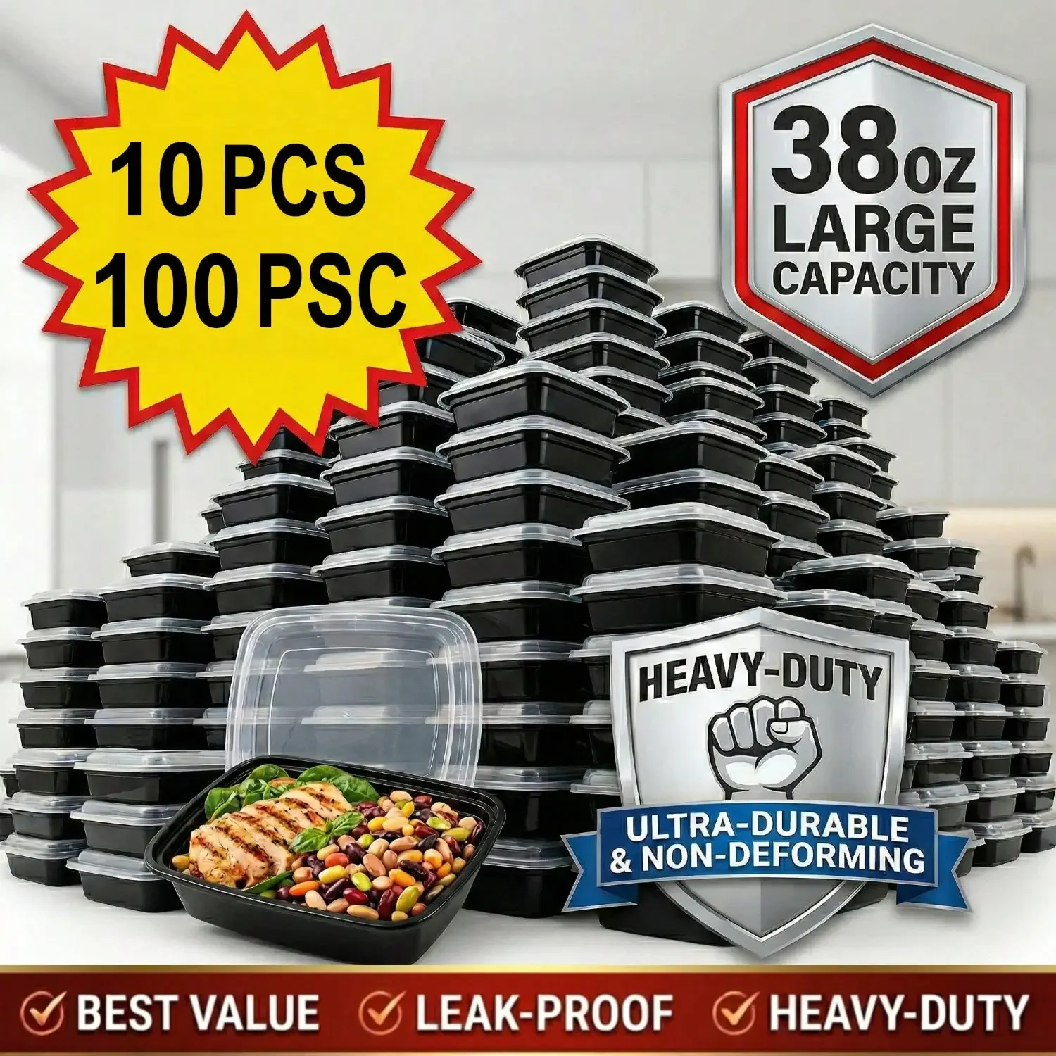 Meal Prep Kitchen - 10/100 stuks, 38 oz, zwarte rechthoekige